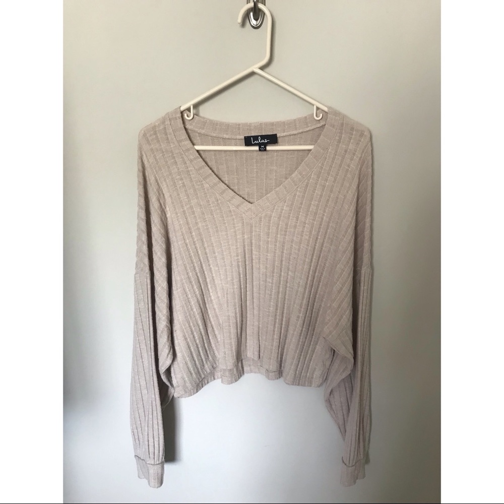 Lulu's Soft Ribbed Beige Long-Sleeve Crop Top